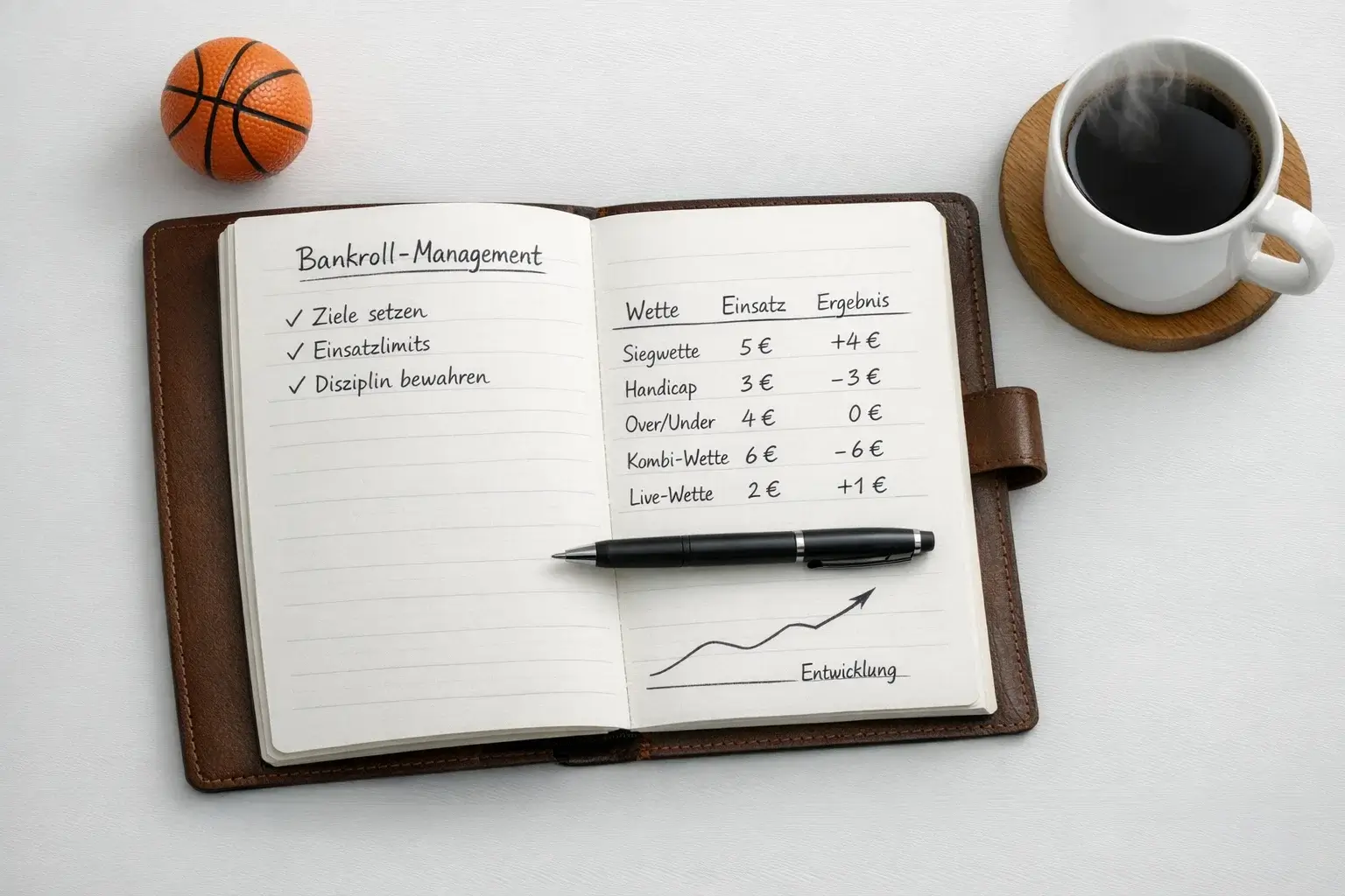 Bankroll-Management für Basketball-Wetten — Notizbuch mit Budget-Plan und Stift auf einem Schreibtisch