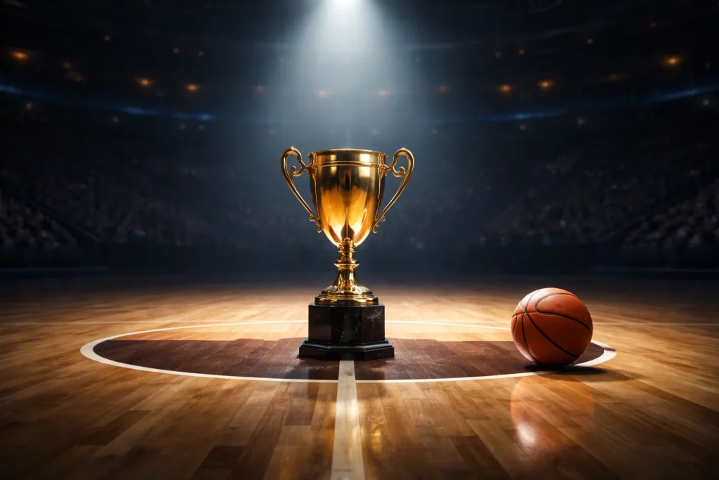 Basketball Langzeitwetten Saisonwetten – Trophäe mit Basketballcourt im Hintergrund