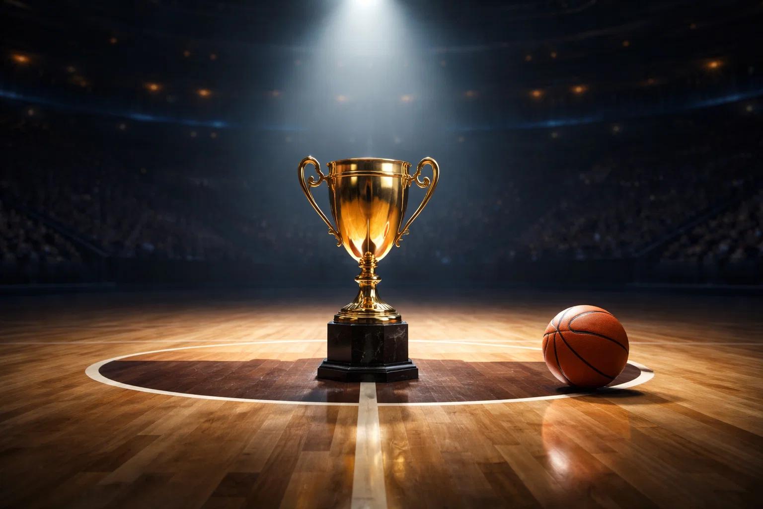 Basketball Langzeitwetten Saisonwetten – Trophäe mit Basketballcourt im Hintergrund