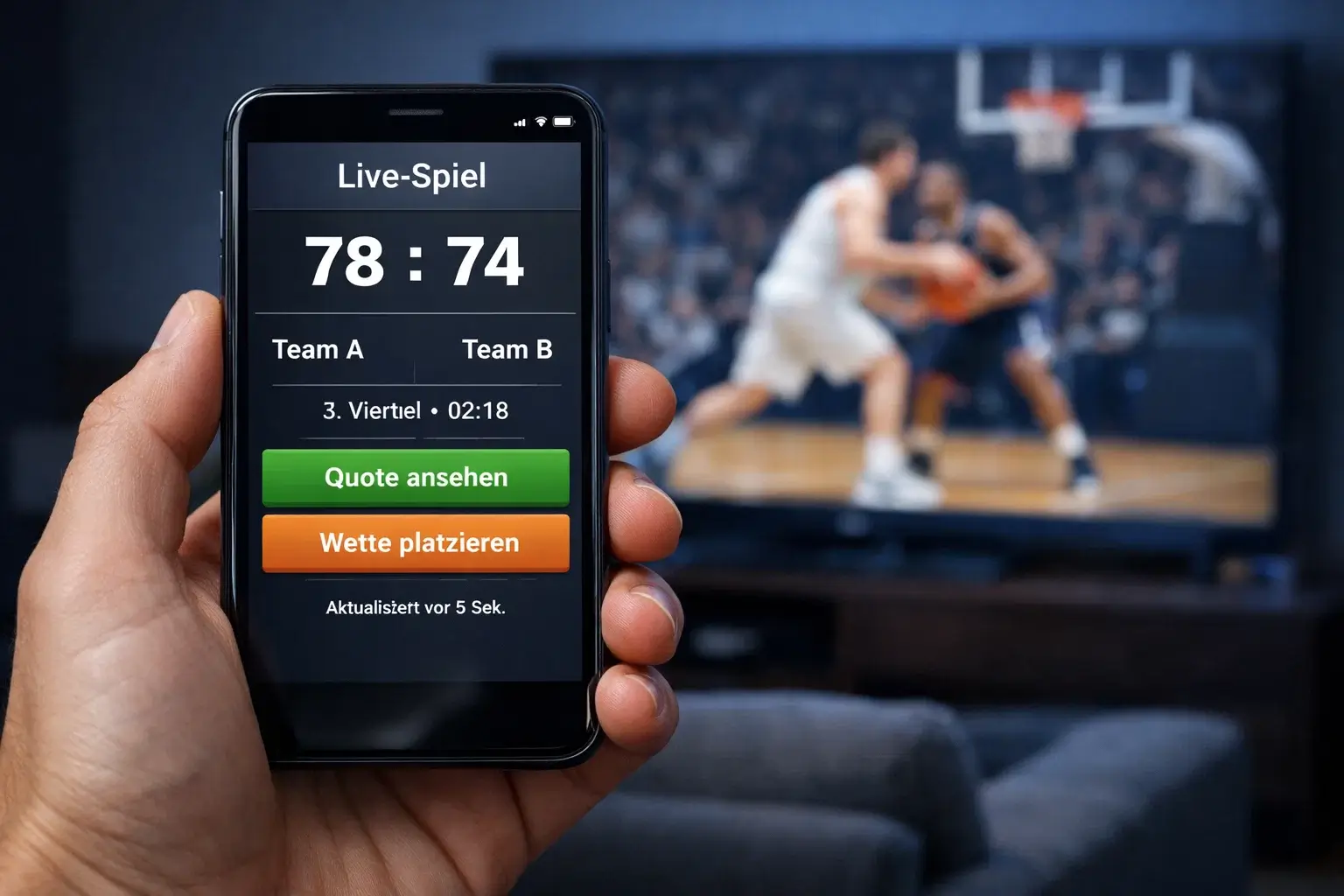 Live-Wetten beim Basketball — Hand hält Smartphone vor einem laufenden Basketballspiel auf dem Fernseher