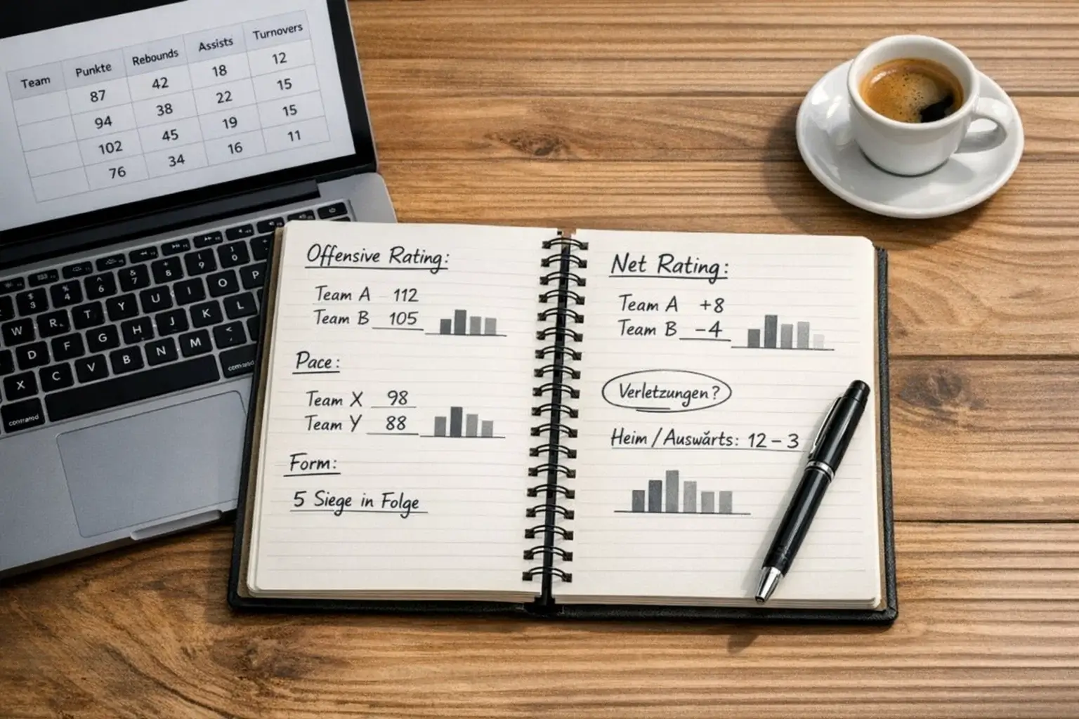Statistik-Analyse für Basketball-Wetten — Notizbuch mit Teamdaten neben einem Laptop mit Spielübersicht