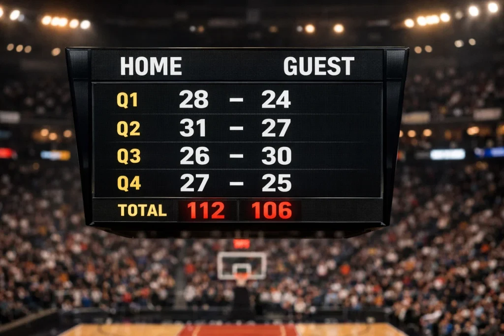 Basketball Viertel-Wetten – Nahaufnahme der Anzeigetafel mit Viertelergebnis