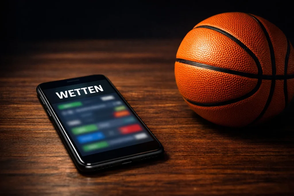Basketball Wetten Bonus – Smartphone mit Sportwetten-App und Basketball auf dem Tisch