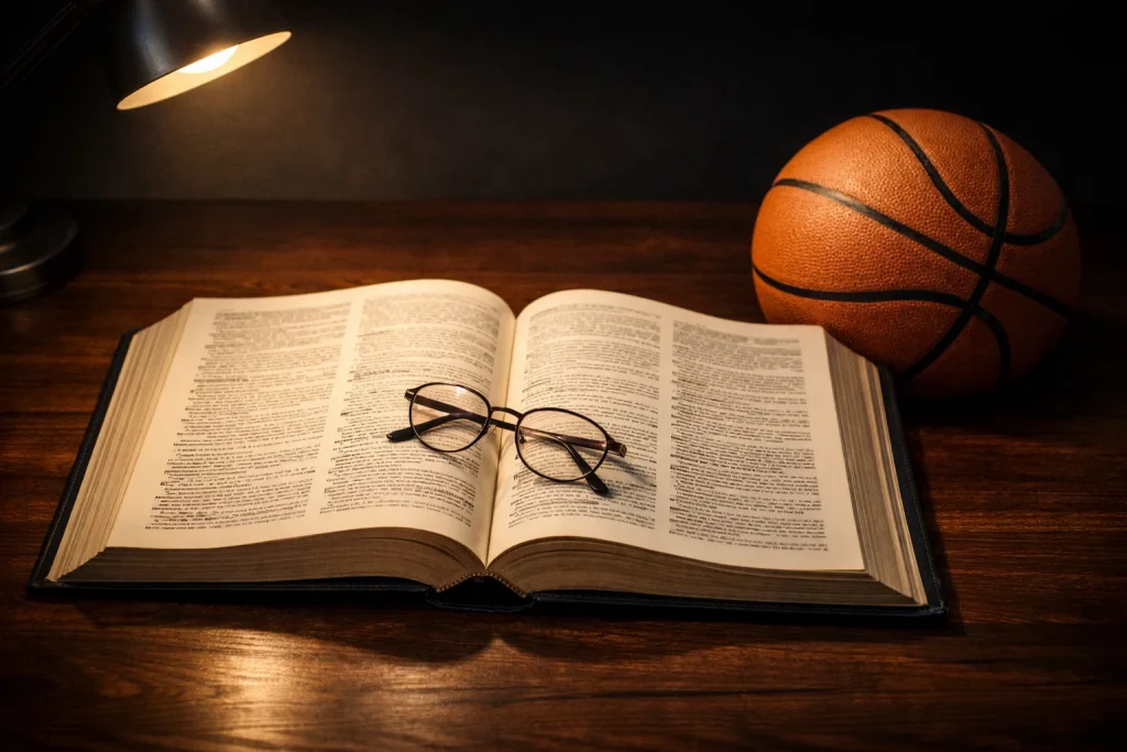 Basketball Wetten Glossar – aufgeschlagenes Wörterbuch mit Basketball daneben