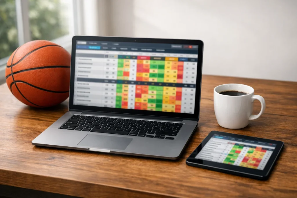 Datenquellen für Basketball-Wetten – Laptop mit Statistik-Dashboard und Basketball