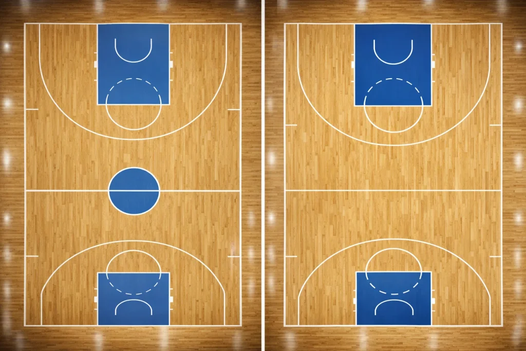 FIBA vs NBA Regeln — zwei Basketballfelder im Vergleich