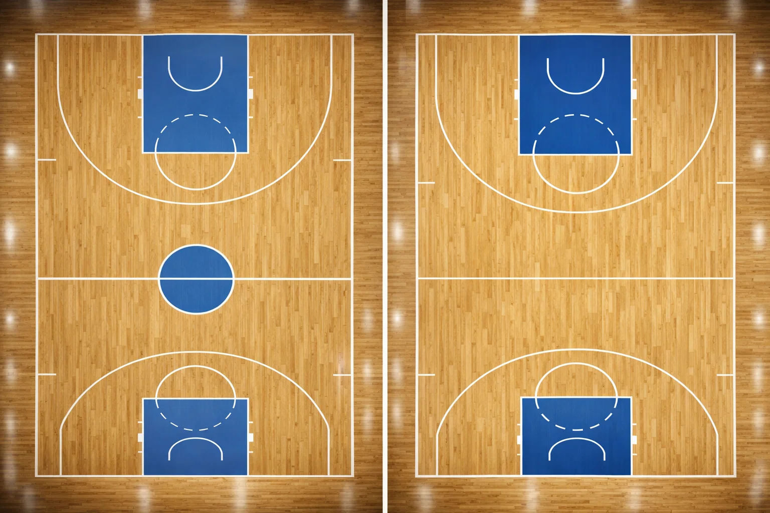 FIBA vs NBA Regeln — zwei Basketballfelder im Vergleich