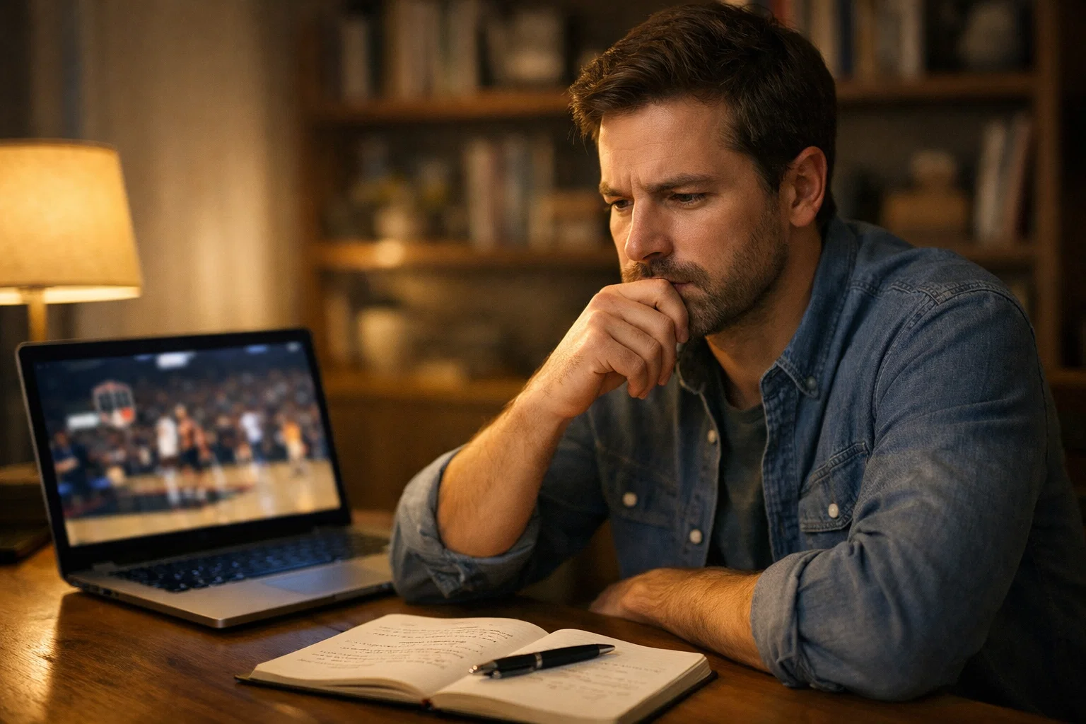 Häufigste Fehler bei Basketball Wetten – nachdenklicher Mann vor Laptop mit Basketballspiel