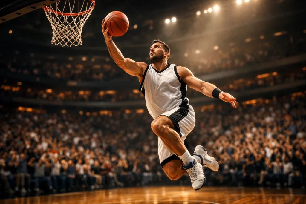 NBA Regular Season Wetten – Basketballspieler beim Korbleger in einer vollen Arena