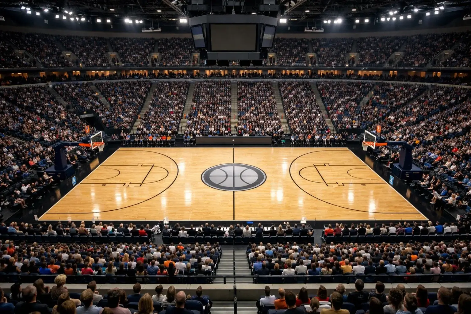 NBA-Arena von oben — Holzparkett-Spielfeld mit Teamlogos und voll besetzten Rängen