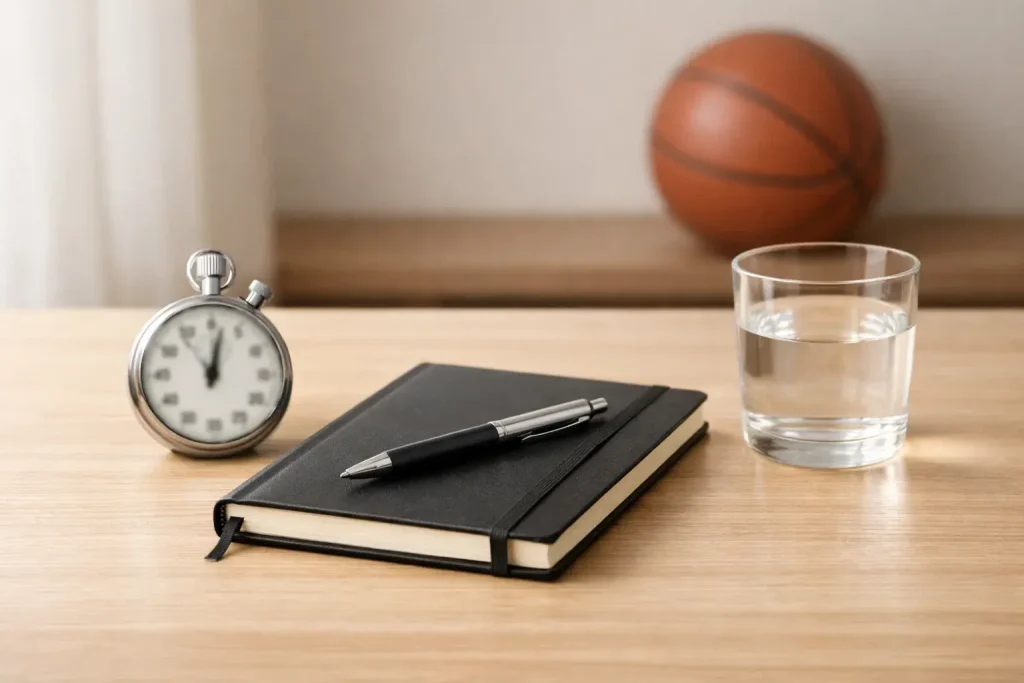 Verantwortungsvolles Wetten Basketball – ruhige Szene mit Notizbuch und Stoppuhr auf dem Schreibtisch